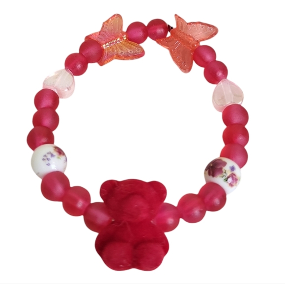 Red Flocked Bear Resin Velvet Beads Floral Peony Ceramic Acrylic Bracelet - Picture 1 of 2